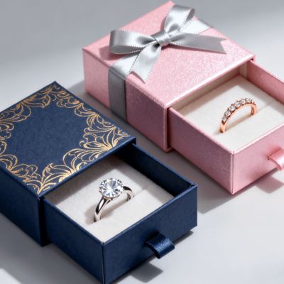 Hộp đựng nhẫn có logo tùy chỉnh sang trọng cổ điển bằng bìa ngà với lớp lót nhung xốp, dập nổi, phủ vecni, in UV và xử lý