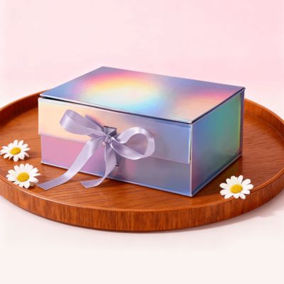 Hộp quà tặng nắp lật từ tính cao cấp Holographic đẹp mắt với ruy băng, vật liệu tái chế dùng cho tất