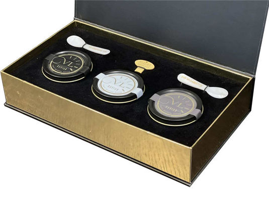 Bao bì vàng Đen Đỏ Caviar Tin Jar Gift Set với bao bì giấy và tay áo