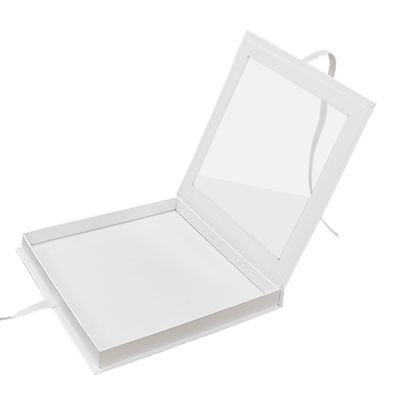 Hộp đóng gói giấy từ tính hình sách vuông PVC cửa sổ trên cùng rõ ràng với ruy băng