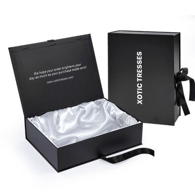 Thư ký High End Black Box Magnetic Box Clothing Cardboard Gift Packet Box Human Hair Packaging Box With Satin Silk
