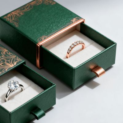 Hộp đựng nhẫn có logo tùy chỉnh sang trọng cổ điển bằng bìa ngà với lớp lót nhung xốp, dập nổi, phủ vecni, in UV và xử lý