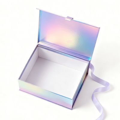 Deluxe Holographic flip top Magnetic Lid Gift Packaging Box Beautiful Available with Ribbon Recycled Materials for Socks