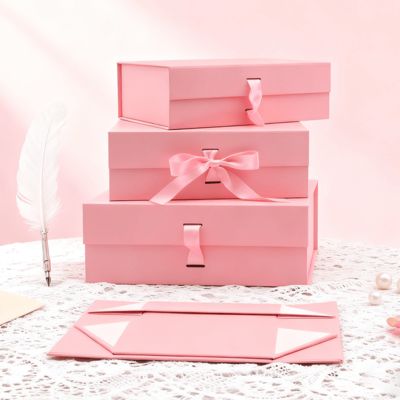 Hộp gấp nơ chất lượng logo tùy chỉnh Hình chữ nhật màu hồng đen bằng giấy mỹ thuật từ tính để dập nổi cán mờ